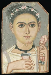 Porträt einer jungen Person: Junge mit einer Blumengirlande im Haar, möglicherweise aus Er-Rubiyat, Faiyum, Ägypten (ca. 200-230) (Tempera auf Holz)
